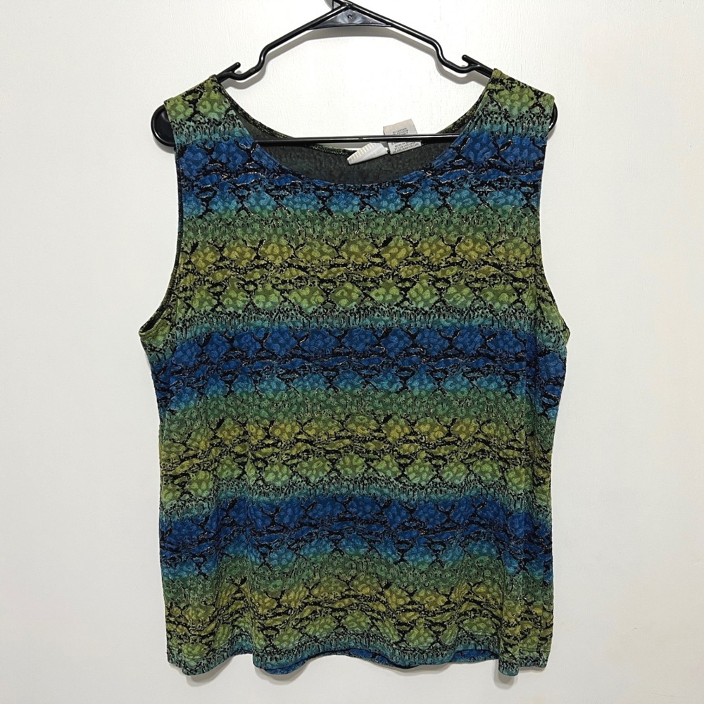 Vintage Womens Snakeskin Print Tank Top Size XL Blue Green Metallic 90s Grunge
